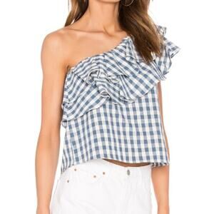 Misa Top Asymmetrical One Shoulder Ruffle Agus Shirt Blue Gingham Women's Size M